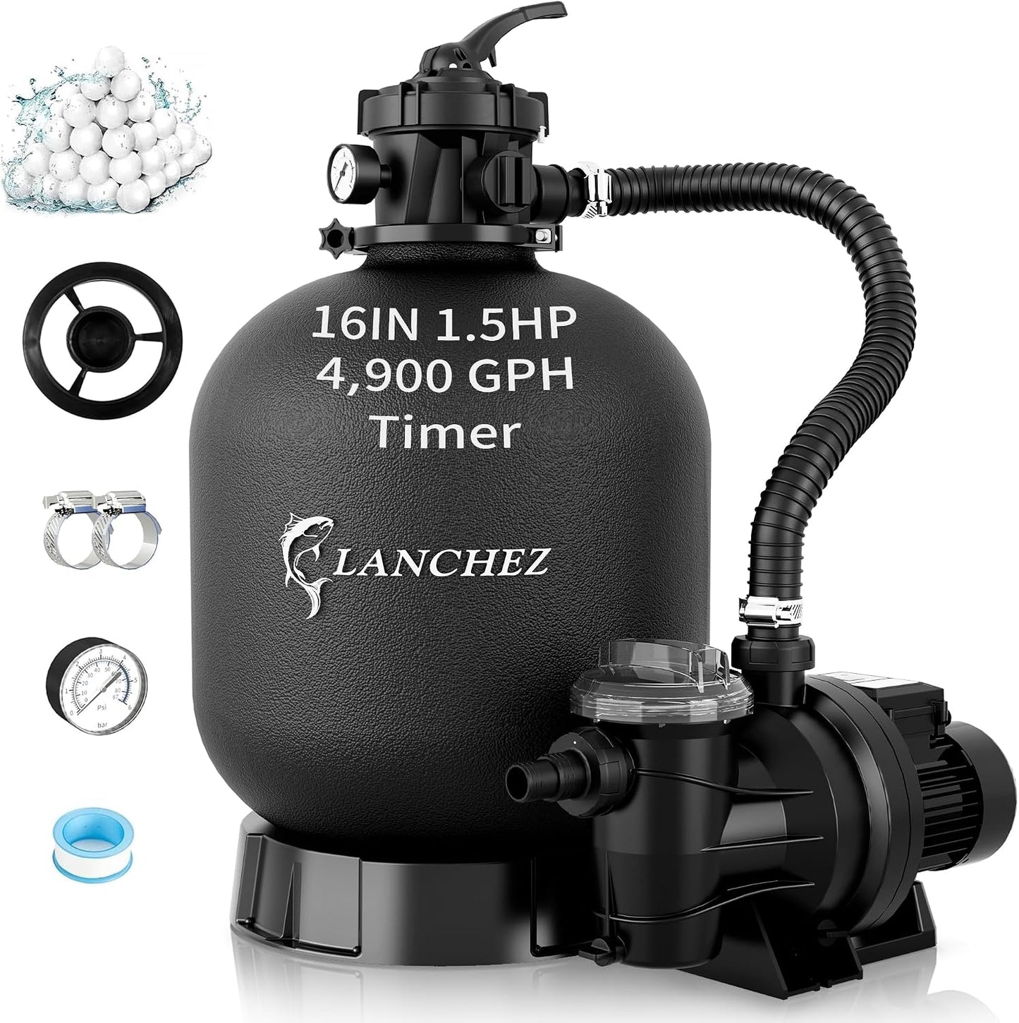 LANCHEZ Sand Filter Pump for Above Ground Pool, Pool Pumps Above Ground, Pool Sand Filter with 7-Way Valve, 12in(2,400GPH)