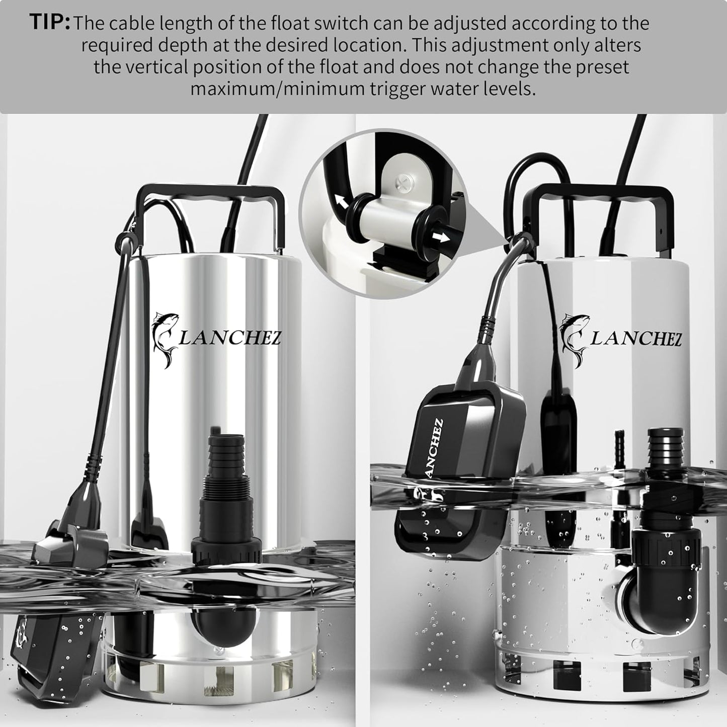 LANCHEZ Sump Pump, 1.6HP High Flow Submersible Water Pump with Float Switch, 6000GPH Automatic Transfer Utility Pump Pump for Swimming Pool Basement Flooded Pit Sewage Sink Tub, Stainless Steel Large