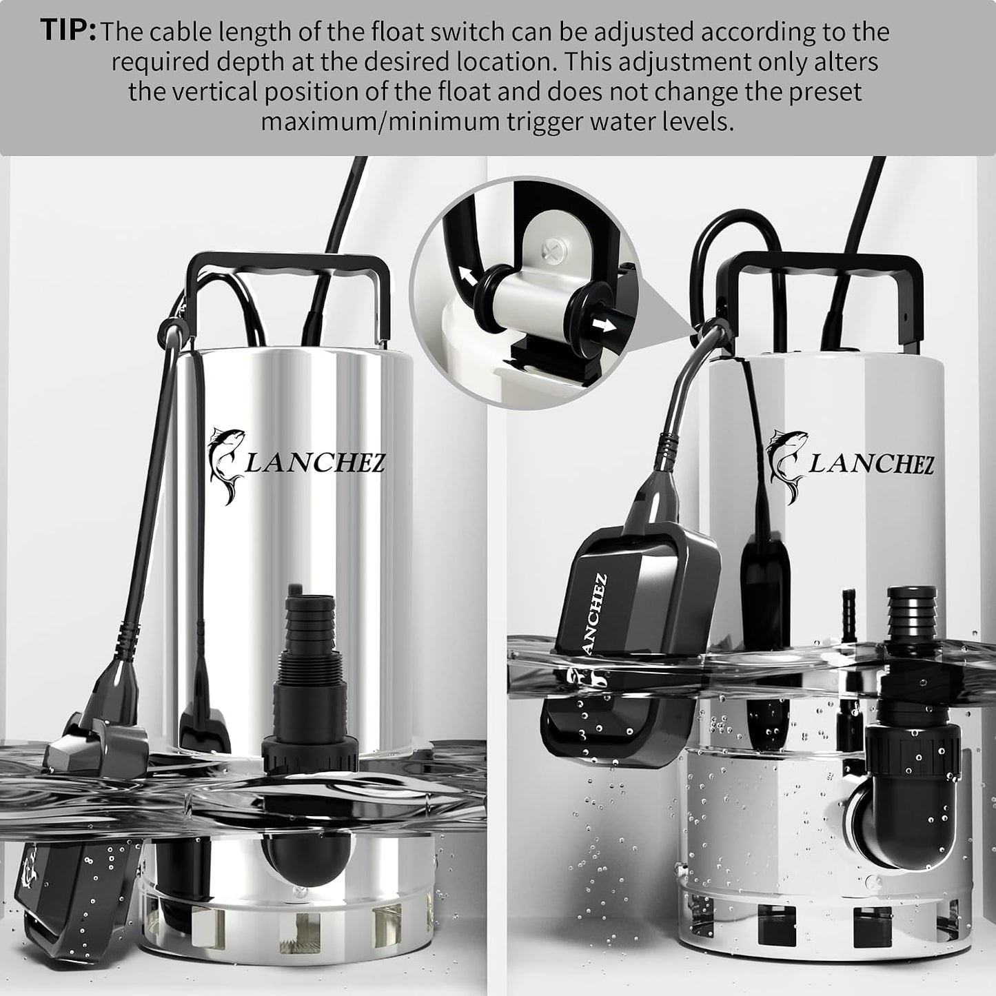 LANCHEZ Sump Pump, 1.6HP High Flow Submersible Water Pump with Float Switch, 6000GPH Automatic Transfer Utility Pump Pump for Swimming Pool Basement Flooded Pit Sewage Sink Tub, Stainless Steel Large