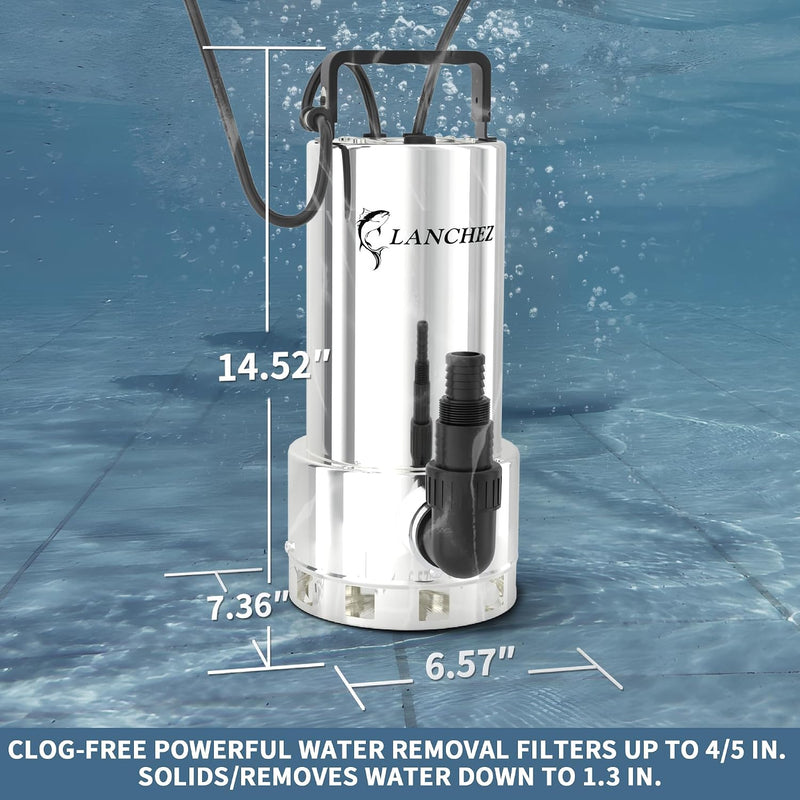 LANCHEZ Sump Pump, 1.6HP High Flow Submersible Water Pump with Float Switch, 6000GPH Automatic Transfer Utility Pump Pump for Swimming Pool Basement Flooded Pit Sewage Sink Tub, Stainless Steel Large