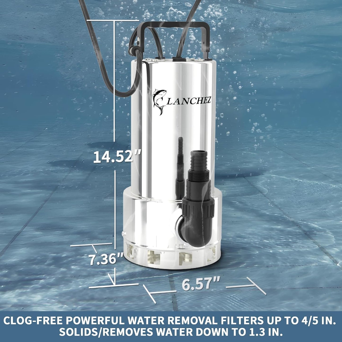 LANCHEZ Sump Pump, 1.6HP High Flow Submersible Water Pump with Float Switch, 6000GPH Automatic Transfer Utility Pump Pump for Swimming Pool Basement Flooded Pit Sewage Sink Tub, Stainless Steel Large