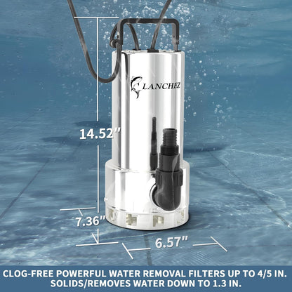 LANCHEZ Sump Pump, 1.6HP High Flow Submersible Water Pump with Float Switch, 6000GPH Automatic Transfer Utility Pump Pump for Swimming Pool Basement Flooded Pit Sewage Sink Tub, Stainless Steel Large