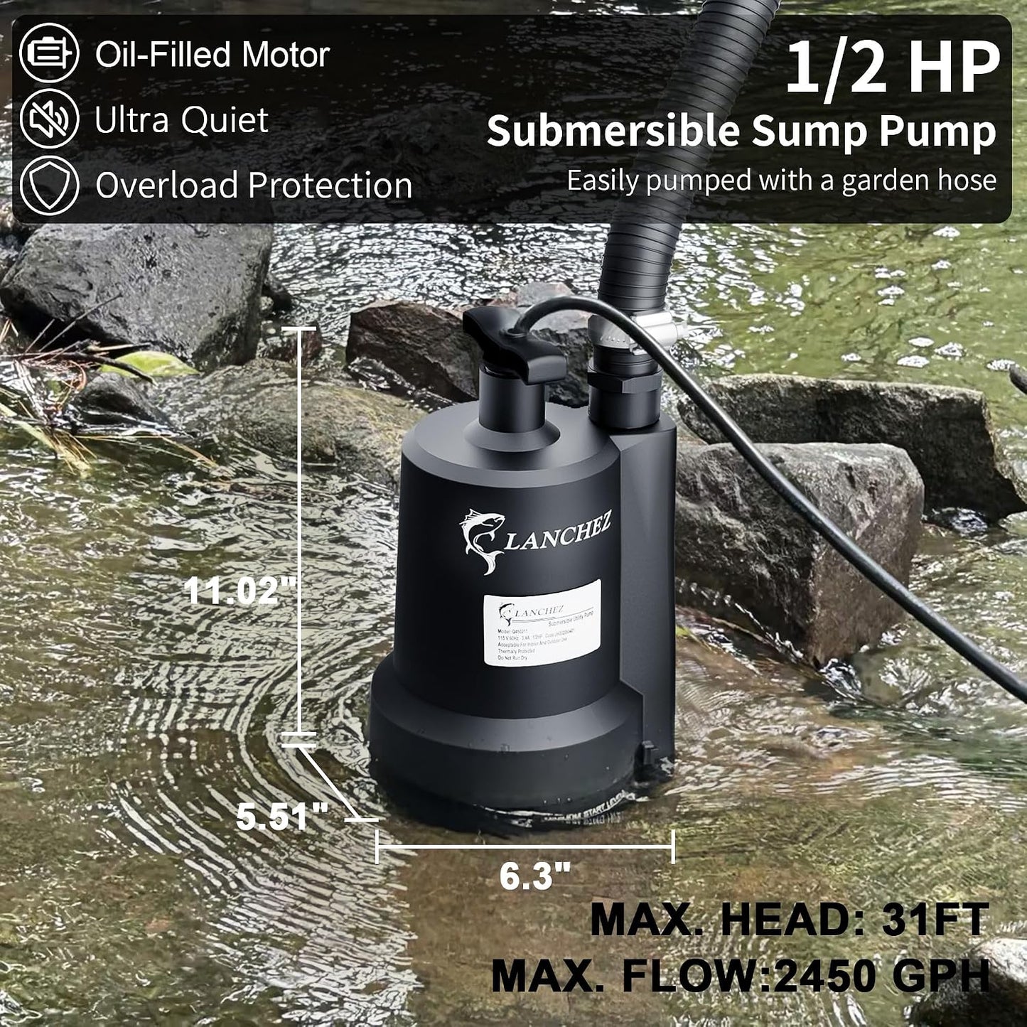 Lanchez Sump Pump, 1/2 HP 2450GPH Submersible Water Pump, Utility Pump Thermoplastic Portable Electric Transfer Pump for Hot Tub Swimming Pool Basement Garden Pond Tubs Draining with 10FT Cord