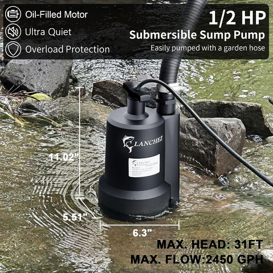 Lanchez Sump Pump, 1/2 HP 2450GPH Submersible Water Pump, Utility Pump Thermoplastic Portable Electric Transfer Pump for Hot Tub Swimming Pool Basement Garden Pond Tubs Draining with 10FT Cord