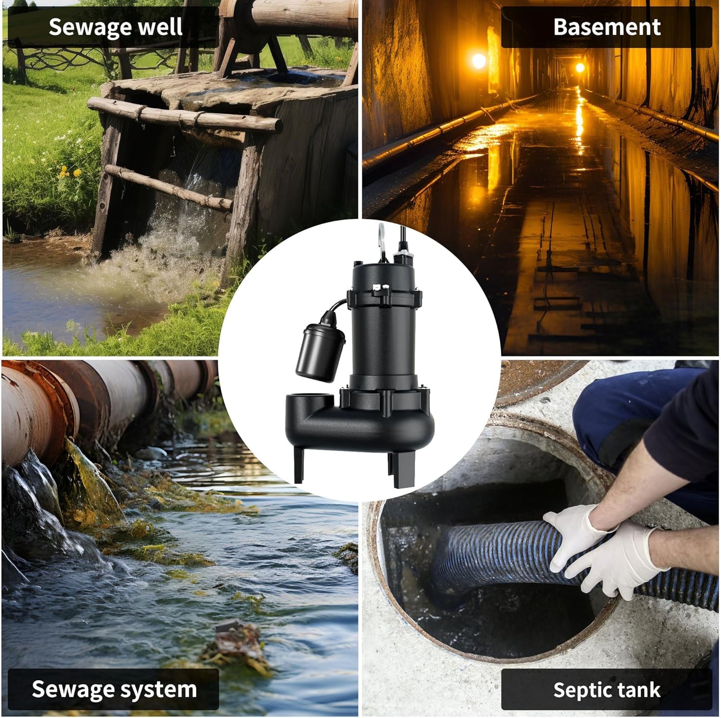 LANCHEZ 1HP 6600 GPH Submersible Sewage Pump, Heavy Duty Cast Iron Effluent Pump with Automatic Tethered Float Switch, Sump Pump for Sump Basin, Basement, Residential, 2" NPT Discharge