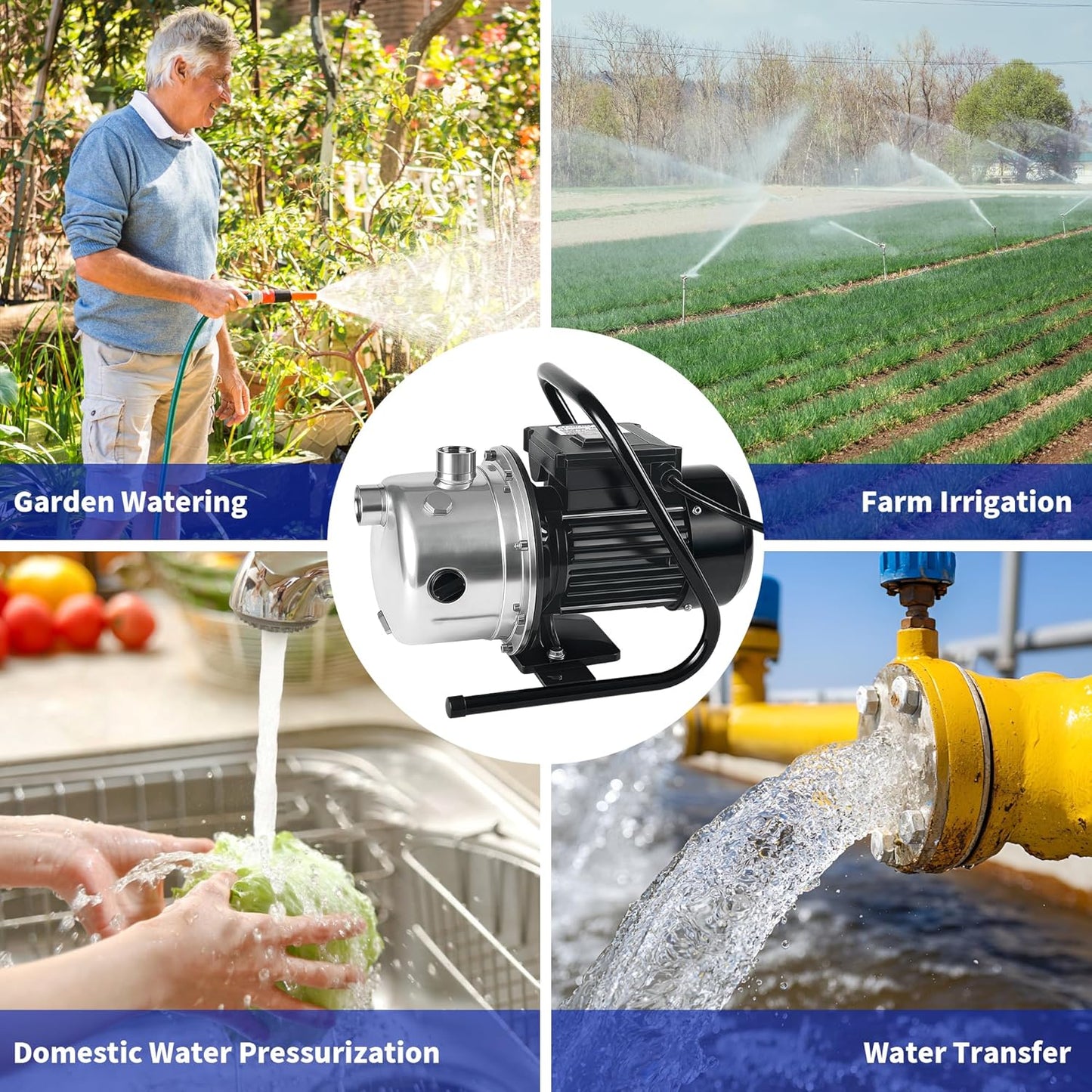 LANCHEZ 1.6 HP Shallow Well Pump, 1500 GPH Stainless Steel Water Transfer Pump, 115V Garden Irrigation Pump, Water Booster Jet Pump for Home Garden Lawn Farm, Silver
